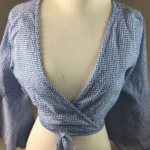 2BELLA  BLUE/White GINGHAM WRAP BLOUSE SMALL NWOT - Picture 2 of 6